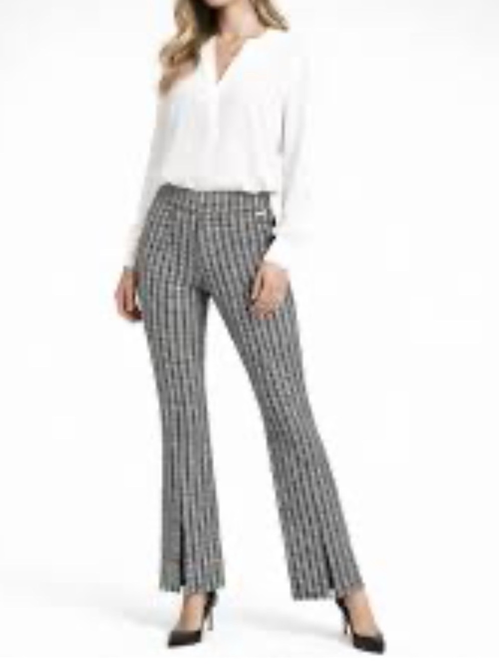 Michael Kors Black & White Houndstooth Boot-Cut Pants with Front Slits